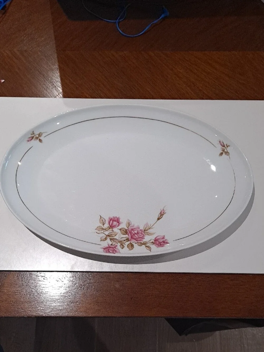 VINTAGE White Floral Porcelain Serving Platter with Pink Roses
