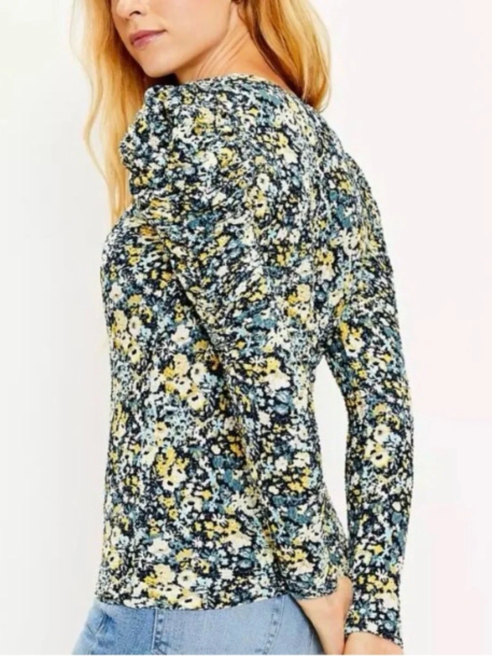 LOFT | Blue/Yellow Floral Print Shirred Puff-Sleeve Long-Sleeve Blouse Sz Small