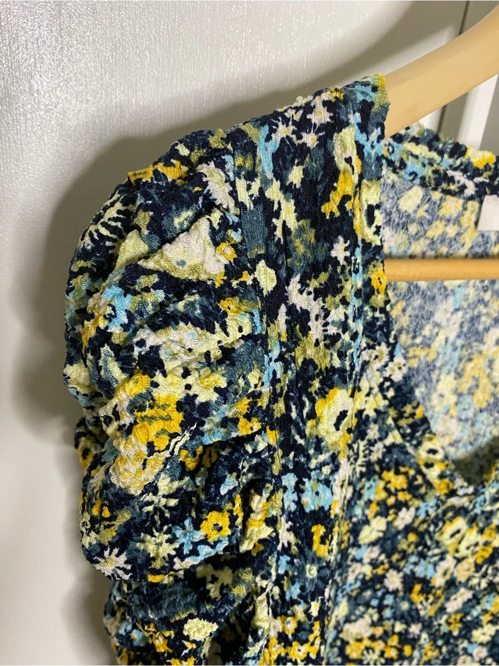 LOFT | Blue/Yellow Floral Print Shirred Puff-Sleeve Long-Sleeve Blouse Sz Small