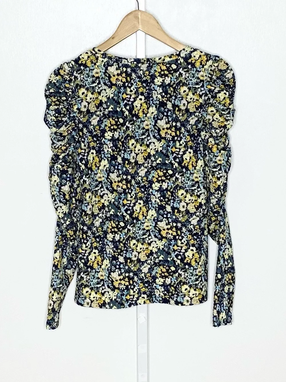 LOFT | Blue/Yellow Floral Print Shirred Puff-Sleeve Long-Sleeve Blouse Sz Small