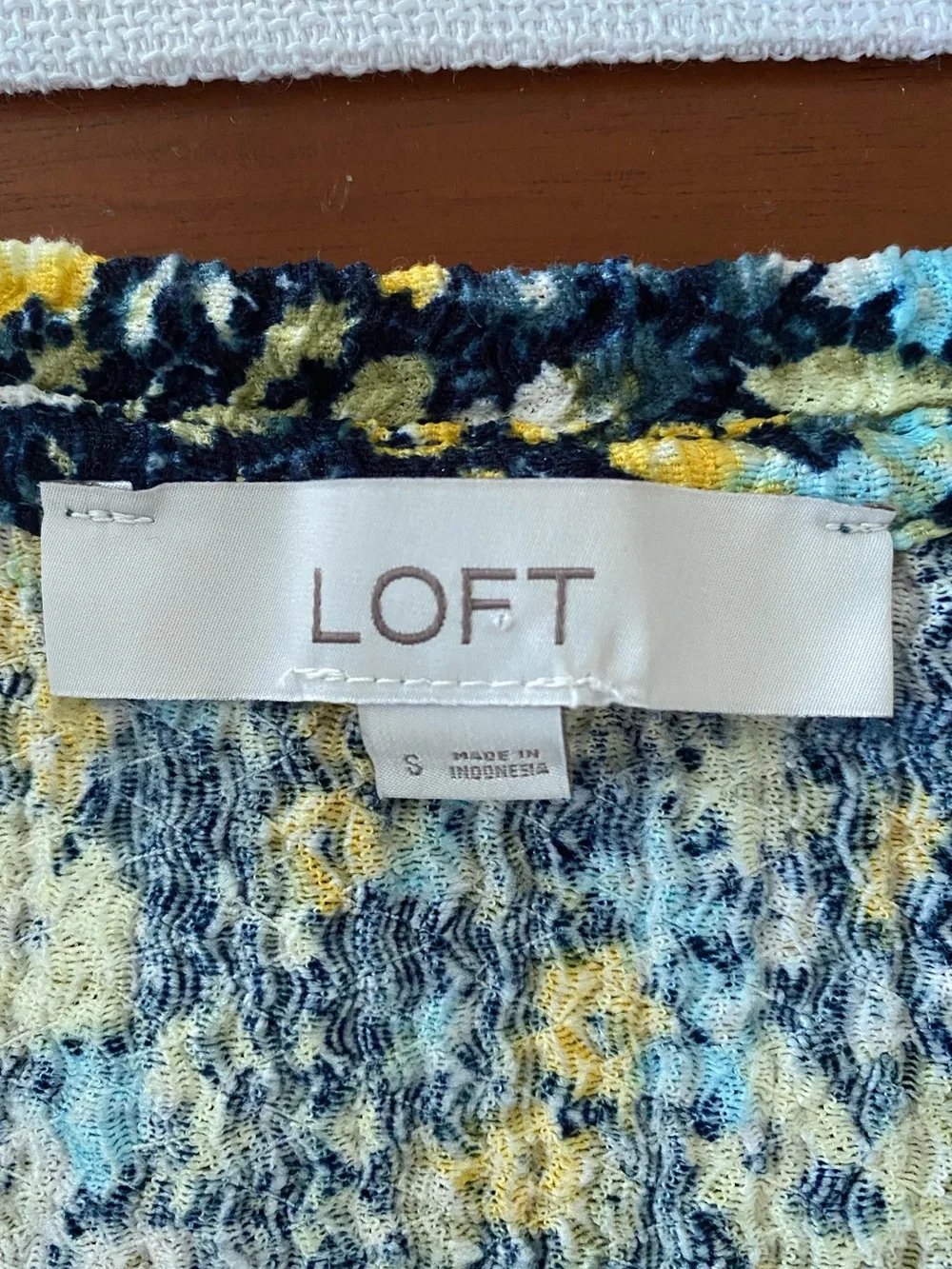 LOFT | Blue/Yellow Floral Print Shirred Puff-Sleeve Long-Sleeve Blouse Sz Small