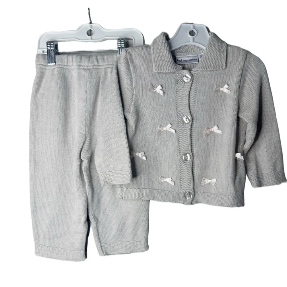 Vintage First Impressions Knit Set 18M Gray Bow Cardigan Pants Baby Outfit