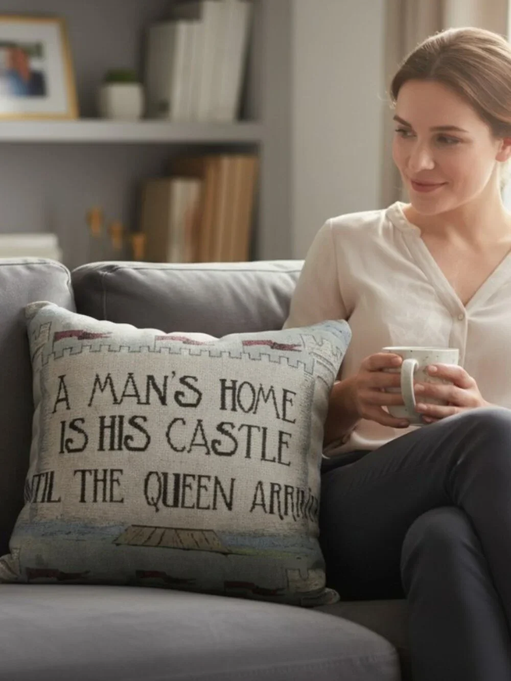 A Man’s Home Is His Castle Until the Queen Arrives” Embroidered Throw Pillow