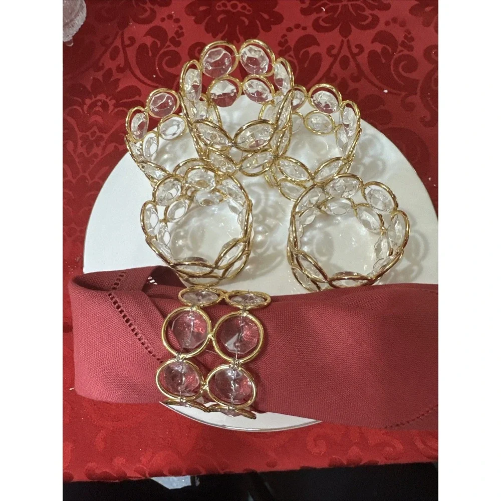 6 Crystal Sparkly Bling Gold Napkin Rings Holders Dinner Table Decor