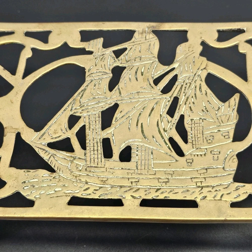 19th Century Victorian trivet, brass, bronze, galeon ship design, claw foot legs