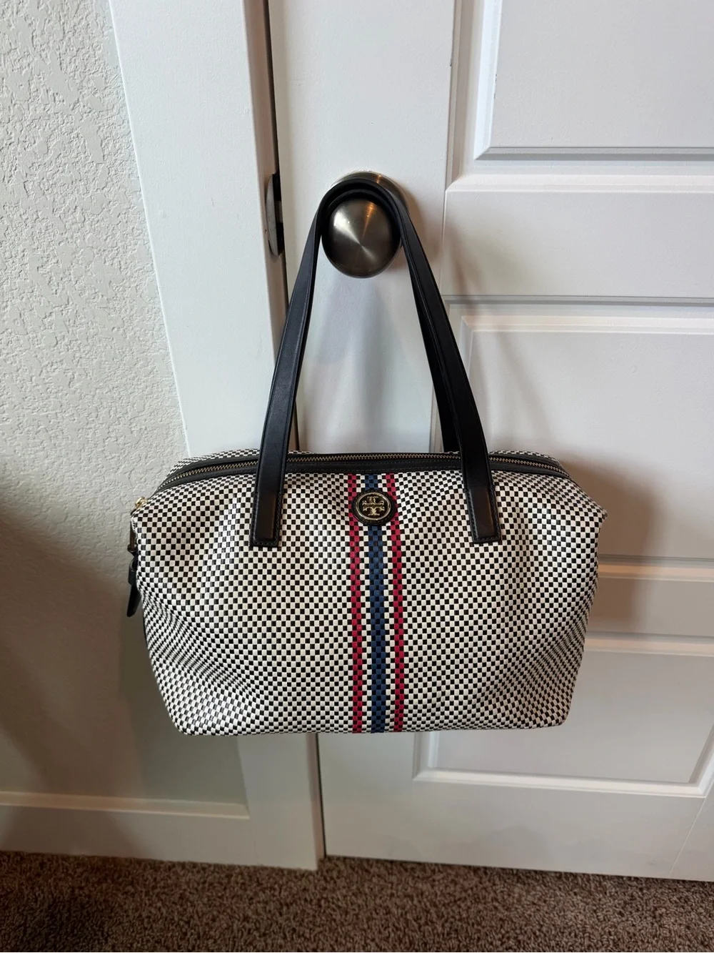 Tory Burch Black & White Woven Leather Tote