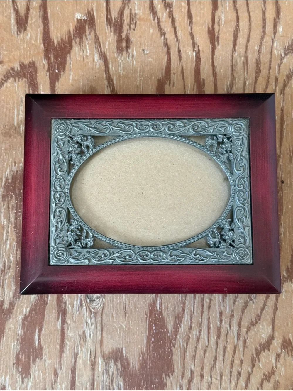 Decorative Red Wood Picture Frame with Ornate Silver Oval Mat & Glass.