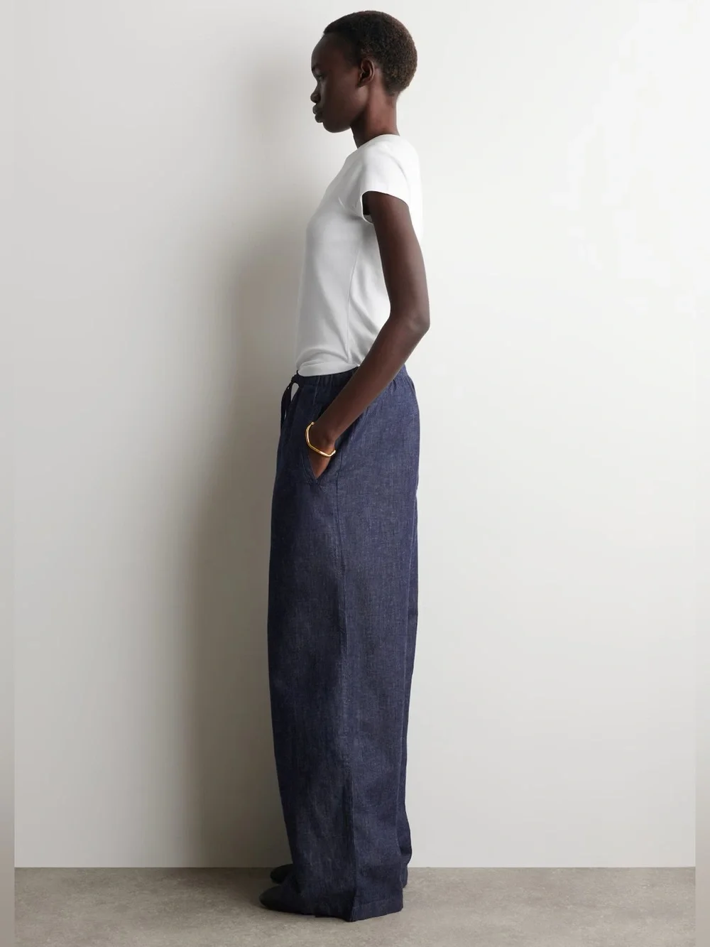 COS DENIM WIDE LEG DRAWSTRING PANTS 6 indigo LINEN BLEND MINIMALIST Casual