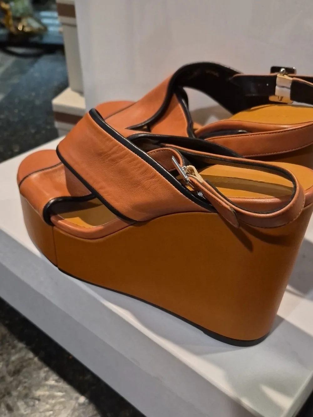 Robert Clergerie Cognac and Black Leather Platform Wedge Sandals
