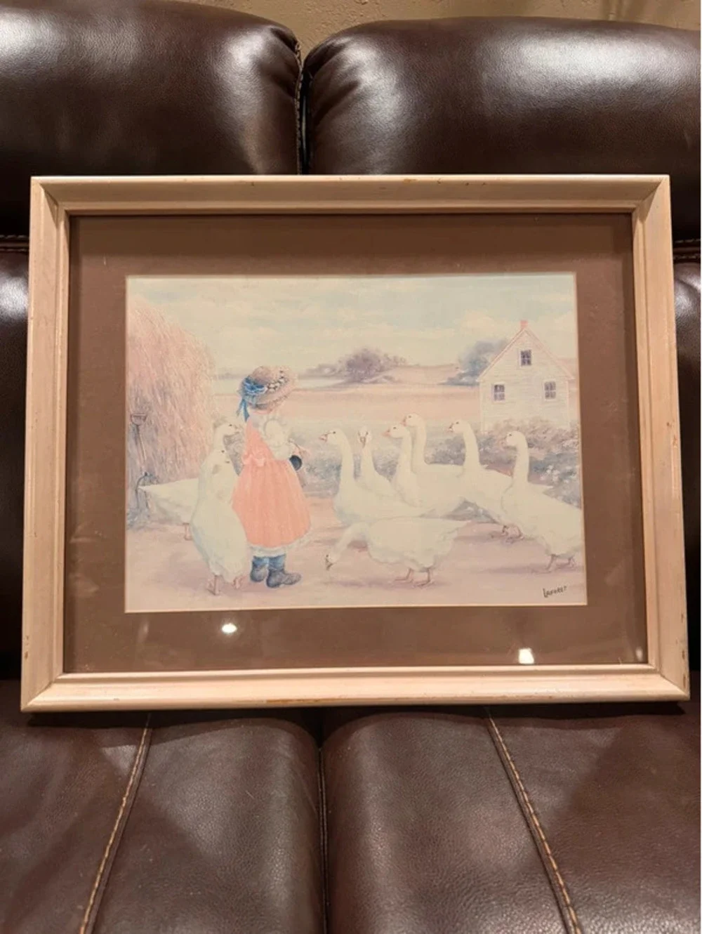 Vintage little girl and geese picture frame