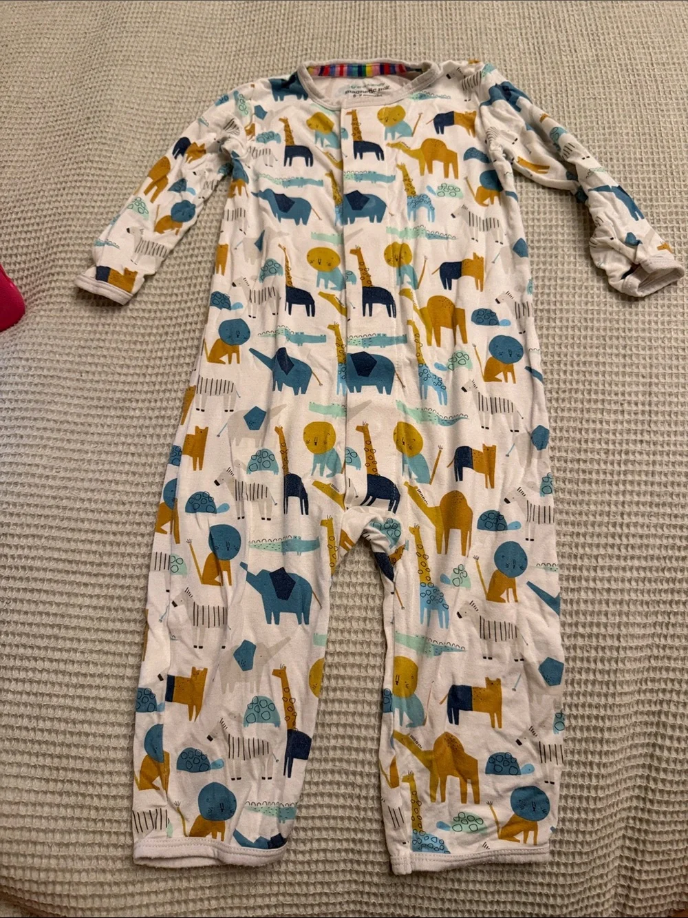 Magnetic Me White Footless Sleeper with Mustard, Teal, Navy Animal Print