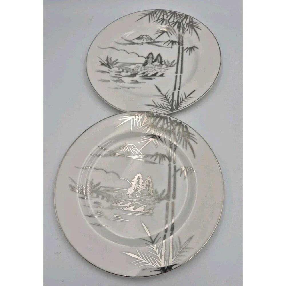 Kutani Vintage China Salad Plates x3 Mt Fuji Bamboo Water Scene All in Platinum