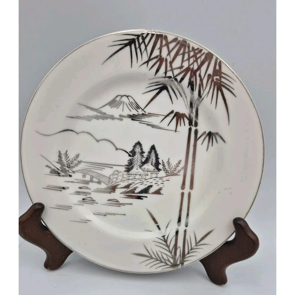 Kutani Vintage China Salad Plates x3 Mt Fuji Bamboo Water Scene All in Platinum