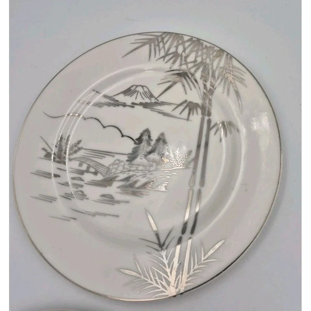 Kutani Vintage China Salad Plates x3 Mt Fuji Bamboo Water Scene All in Platinum