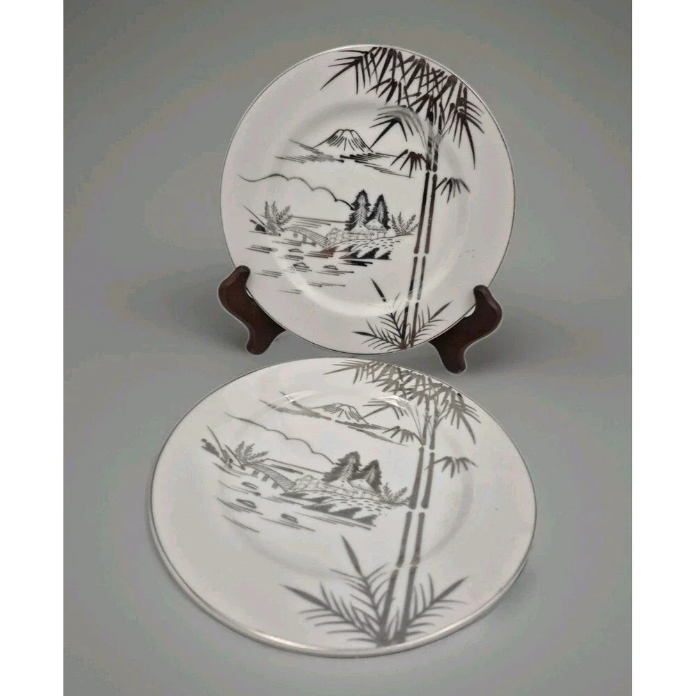 Kutani Vintage China Salad Plates x3 Mt Fuji Bamboo Water Scene All in Platinum