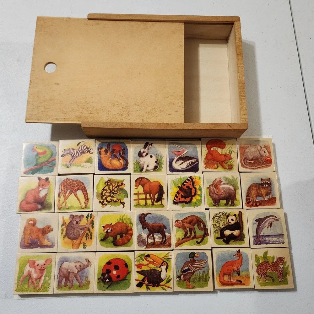 Vintage Wooden Animal Memory Matching Game 28 Piece Set with Storage Box 714630