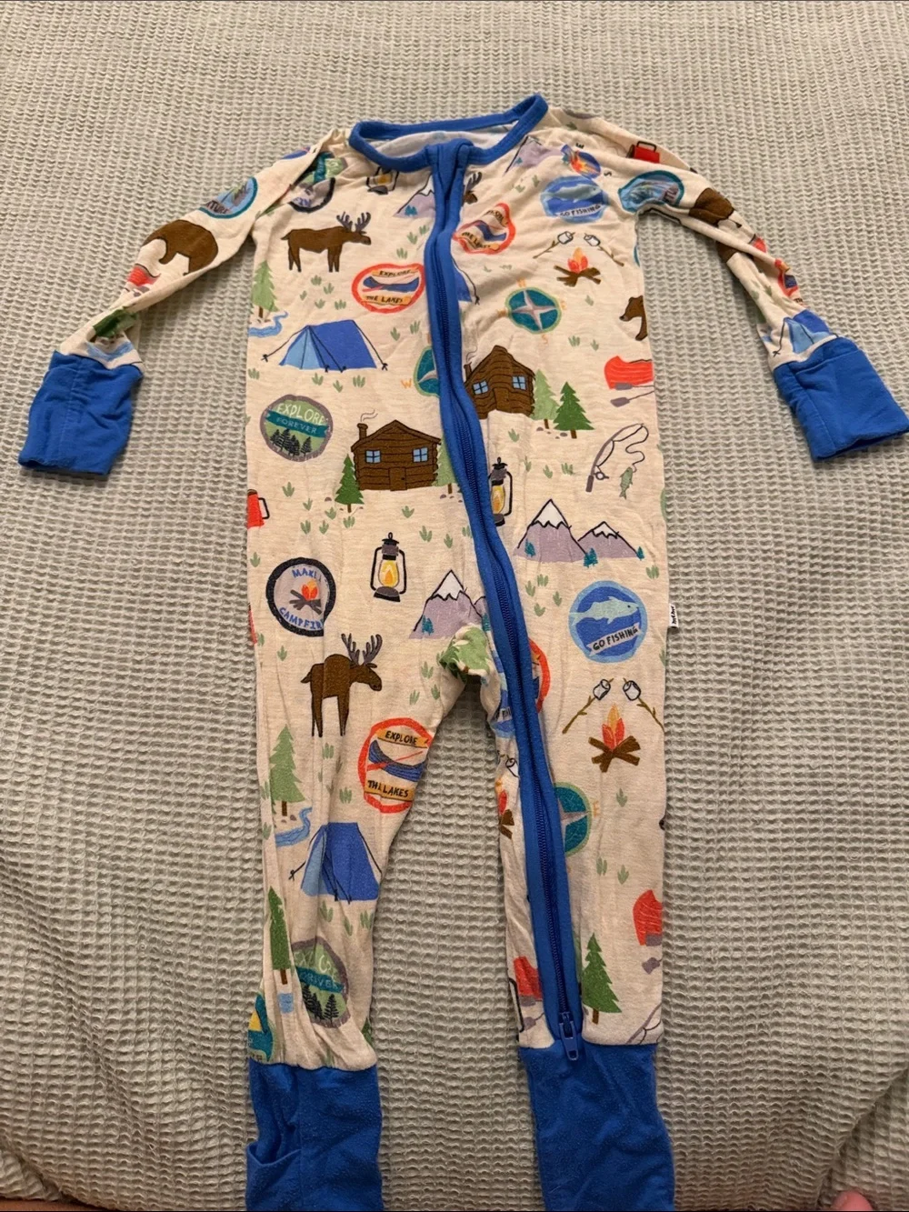 Little Sleepies Cream Camping Print Footie with Blue Trim and Multicolor Motifs