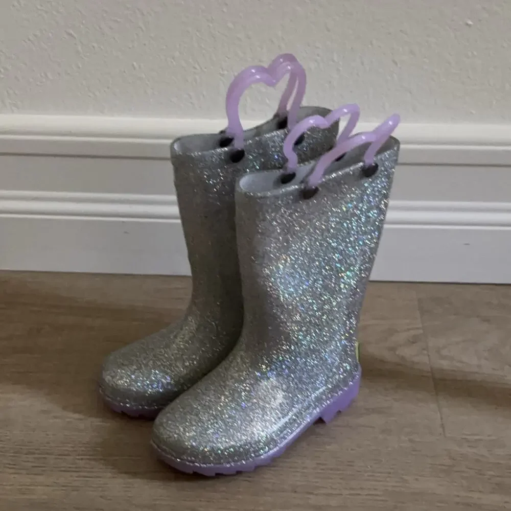 Western Chief Abby Girls Rain Boots Light Up Silver Glitter Size 7 Waterproof