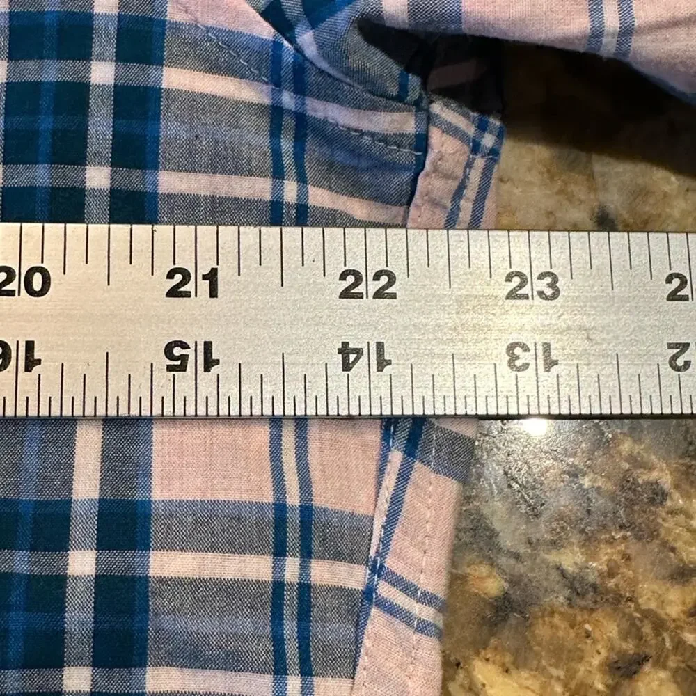 J Crew Mens Large Slim Long Sleeve Shirt in Pink and Blue Plaid Cotton Elastin