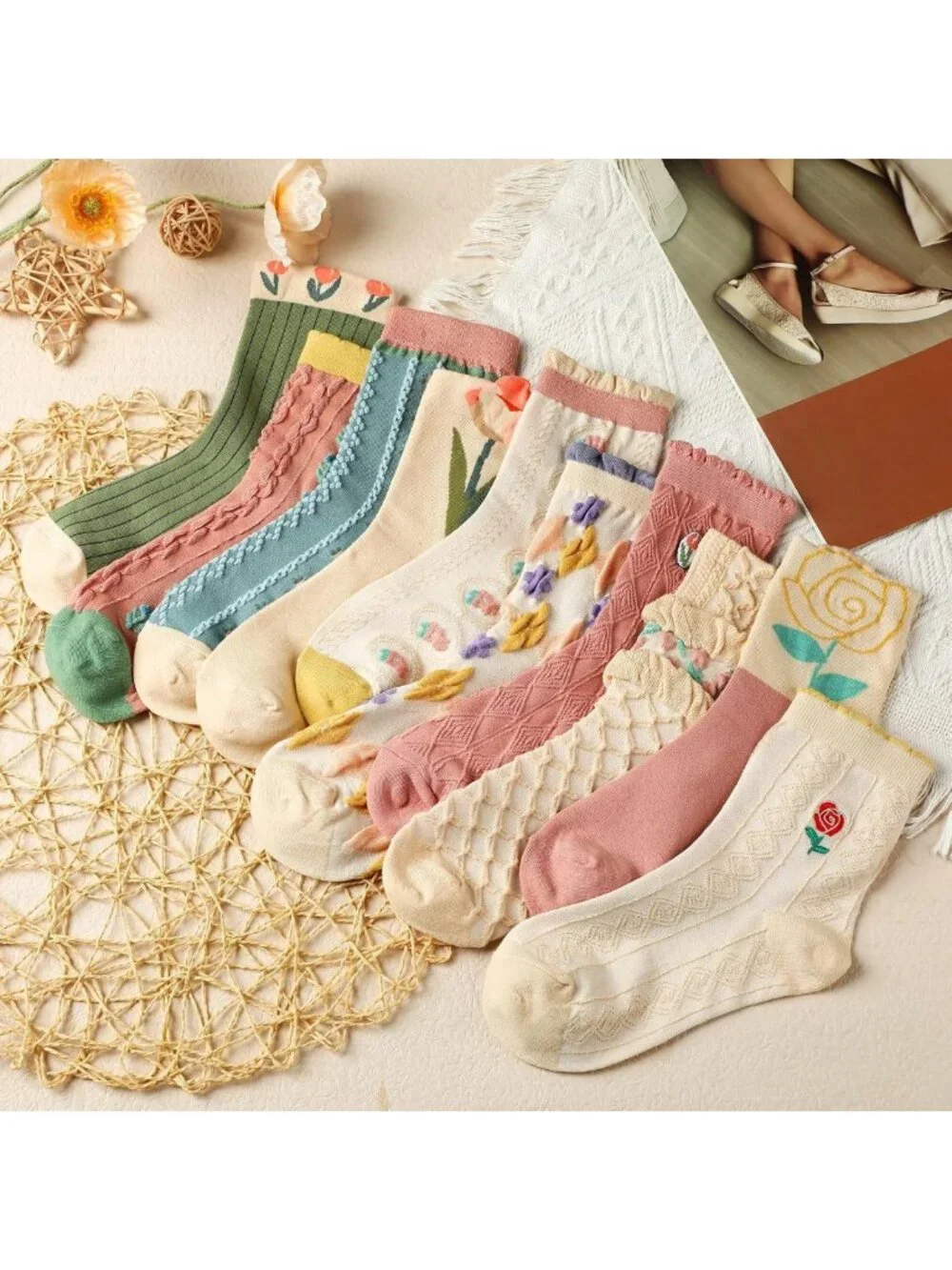 Cute Lace Ruffle Ankle Socks - 10 Pairs Floral Cotton Cottagecore Mid Tube