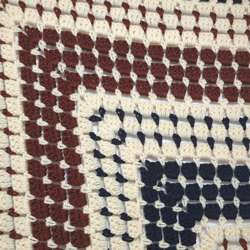 Vintage Handmade Crochet Afghan Granny Square Blanket in Black Cream Brown Cozy‎