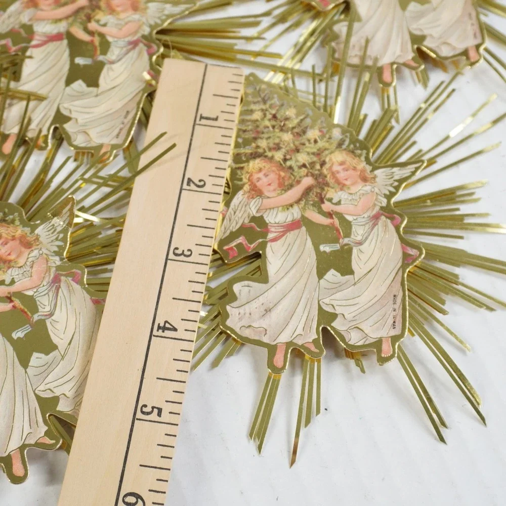 8 Vintage Victorian Style Gold‎ Foil Starburst Angel Paper Christmas Ornaments