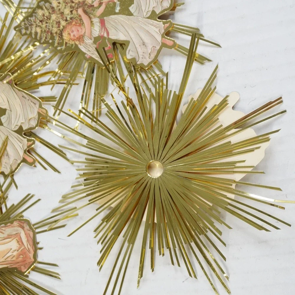 8 Vintage Victorian Style Gold‎ Foil Starburst Angel Paper Christmas Ornaments