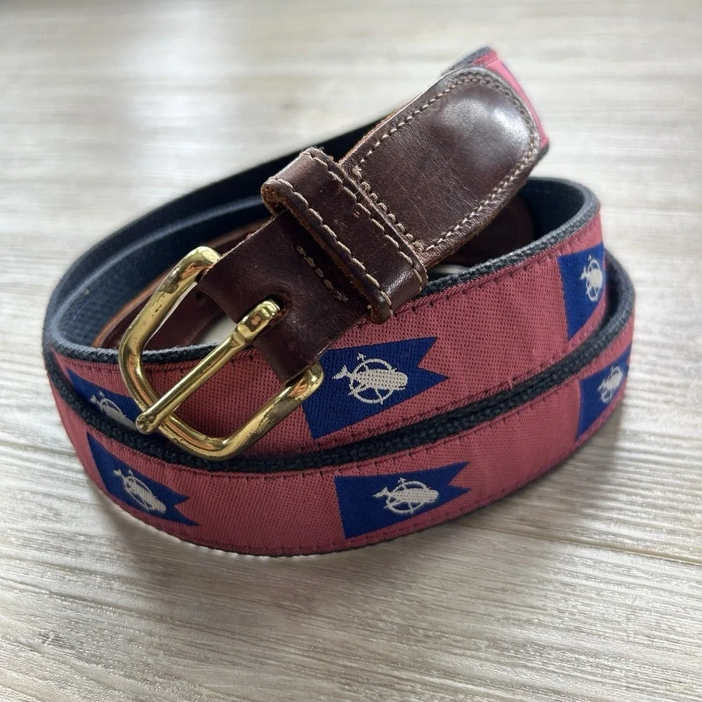 Preston Nautical Belt Sz 46 Made In New‎ England Brass Buckle Leather Canvas