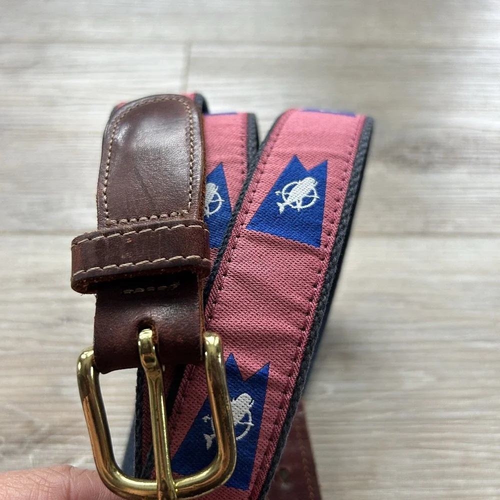 Preston Nautical Belt Sz 46 Made In New‎ England Brass Buckle Leather Canvas