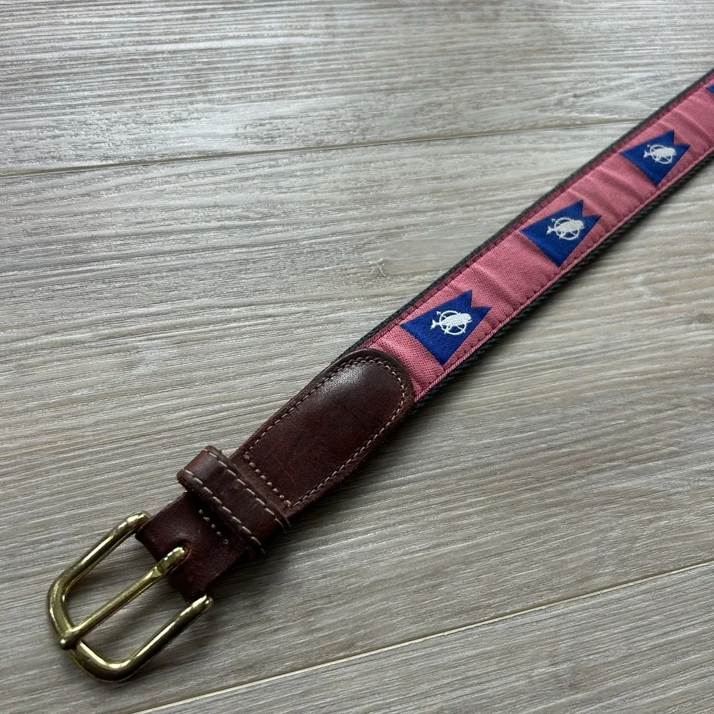 Preston Nautical Belt Sz 46 Made In New‎ England Brass Buckle Leather Canvas