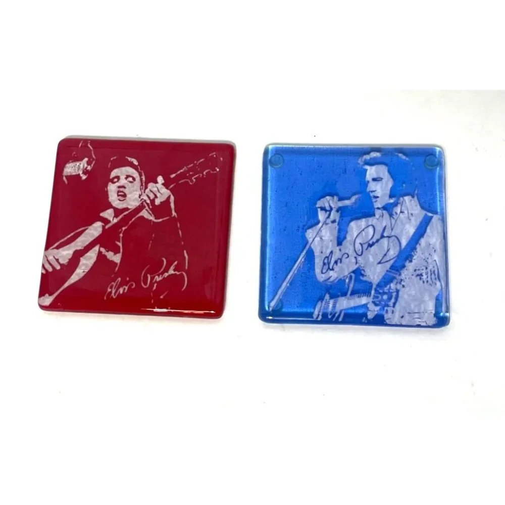 Set Of 2 Fused Glass Coasters Featuring Elvis Presley Designs In Red & Blue