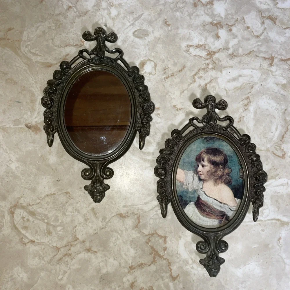 Pair Of‎ Vintage Ornate Metal Oval Picture Frames With Young Child & Mirror