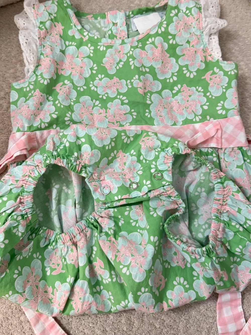 Serendipity Green Floral Baby Bubble Onesie with Pink Gingham Bows 2T-3T