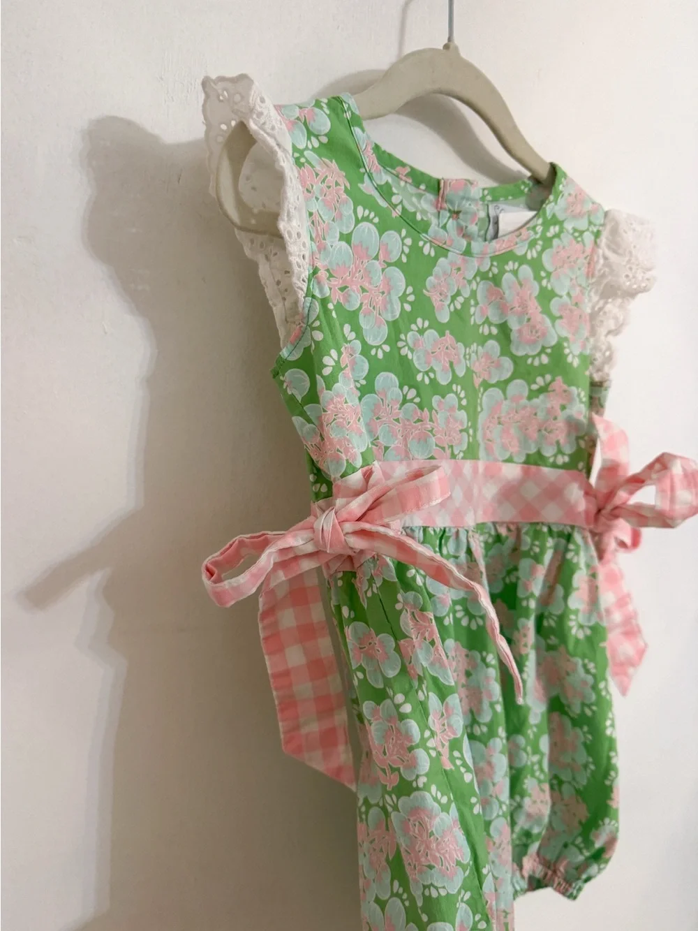 Serendipity Green Floral Baby Bubble Onesie with Pink Gingham Bows 2T-3T
