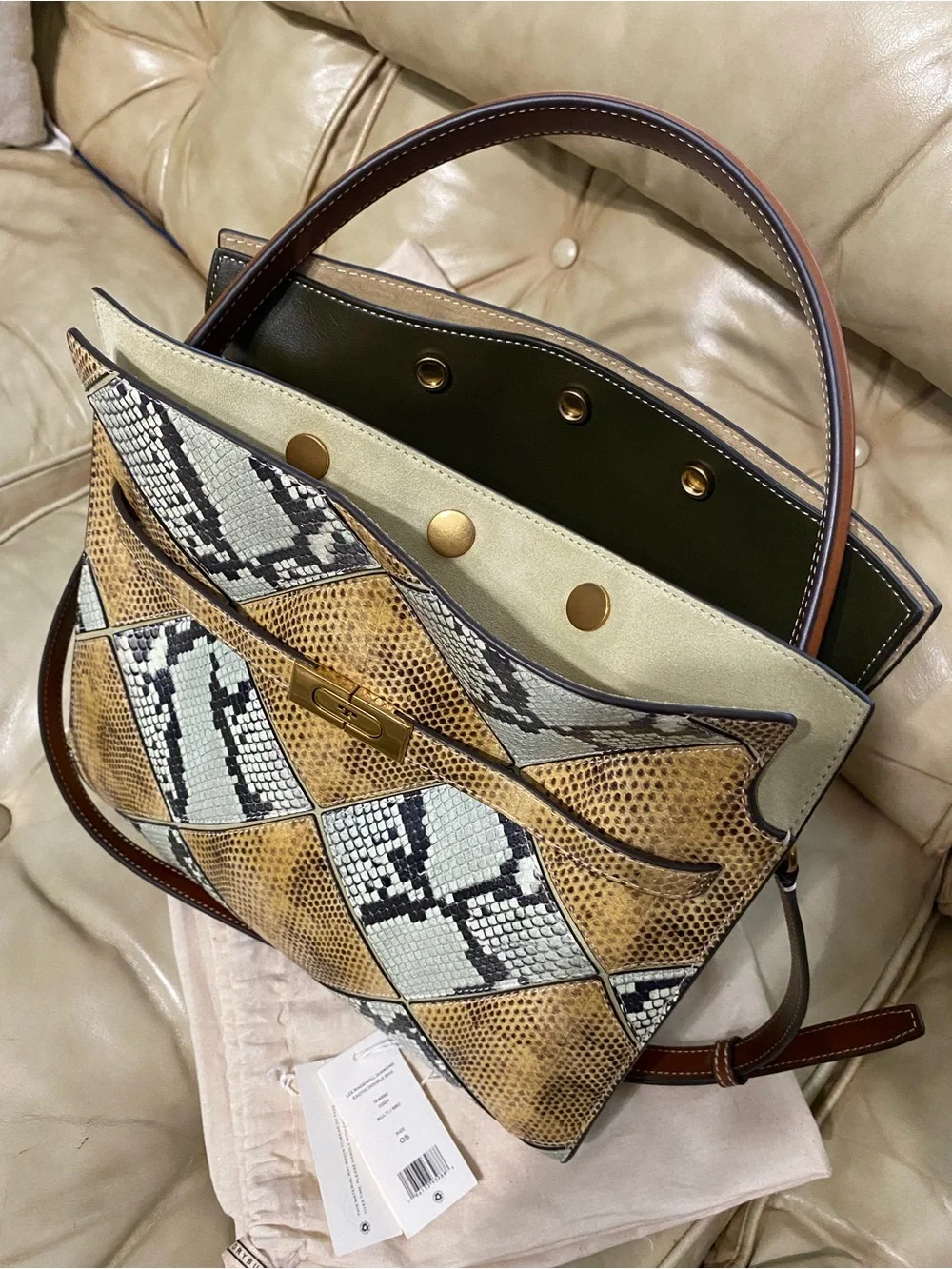 LKNW Tory Burch Lee Radziwill Large Double Bag Leather Snake Python Green Beige