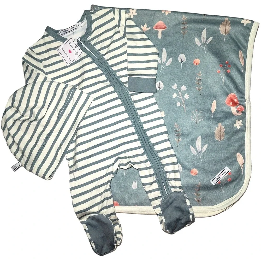 Little Millie 3pc Leaves Mushrooms Baby 6 Mo Blanket Footsie Sleeper Hat Set NWT