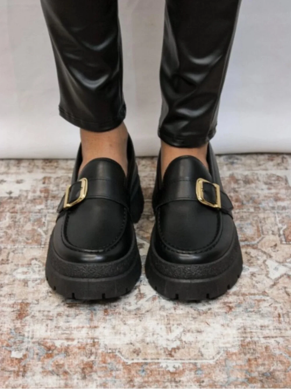 Qupid Black Chunky Faux Leather Platform Loafers with Gold Buckle