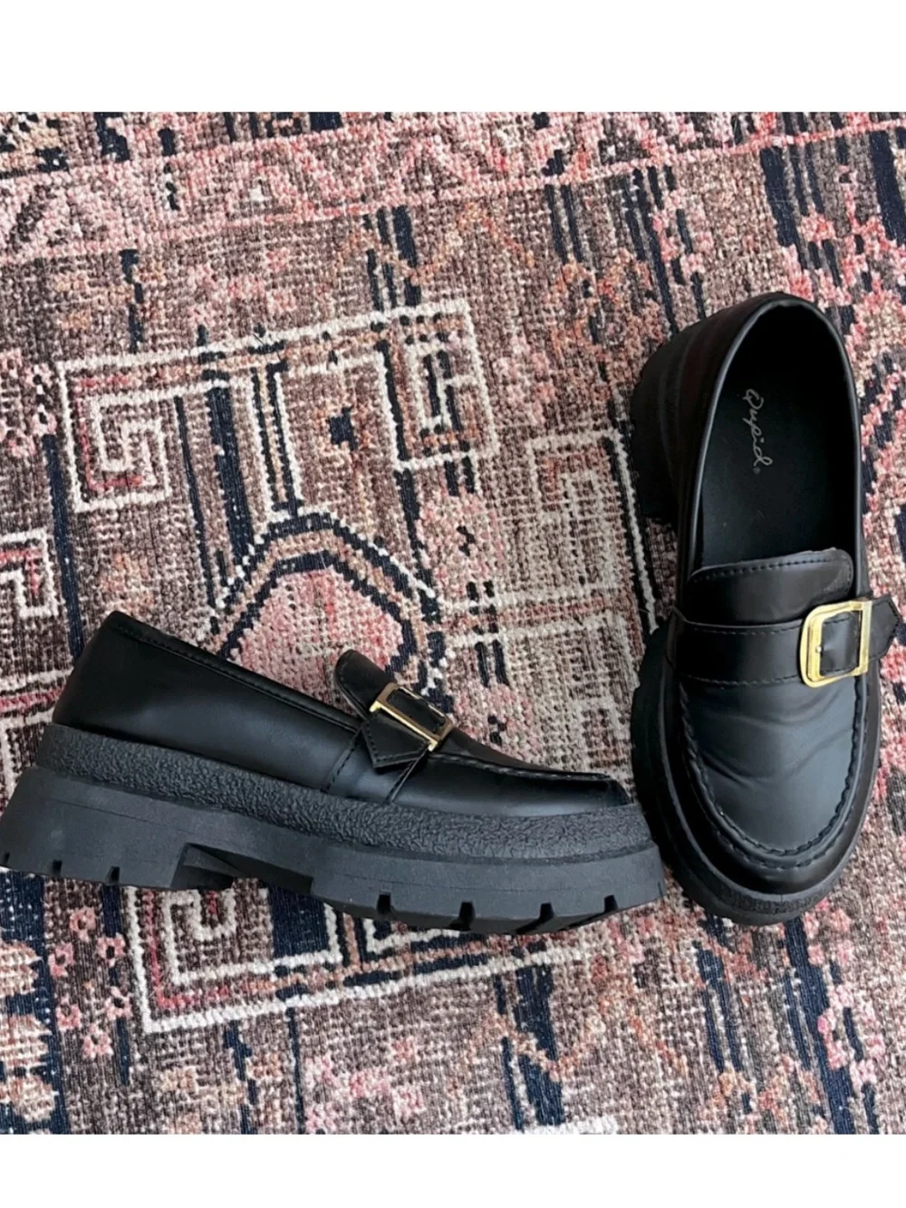 Qupid Black Chunky Faux Leather Platform Loafers with Gold Buckle