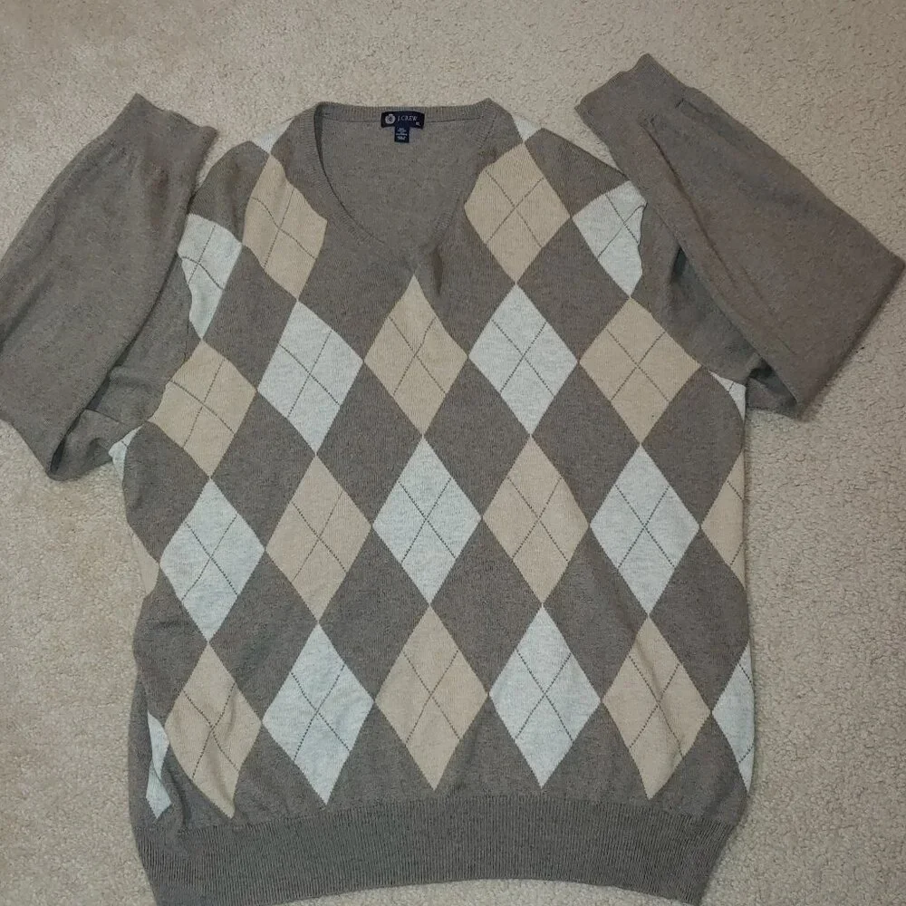J.Crew Cotton/Cashmere Argyle Long Sleeves V-Neck Pullover Sweater Sz XL Brown