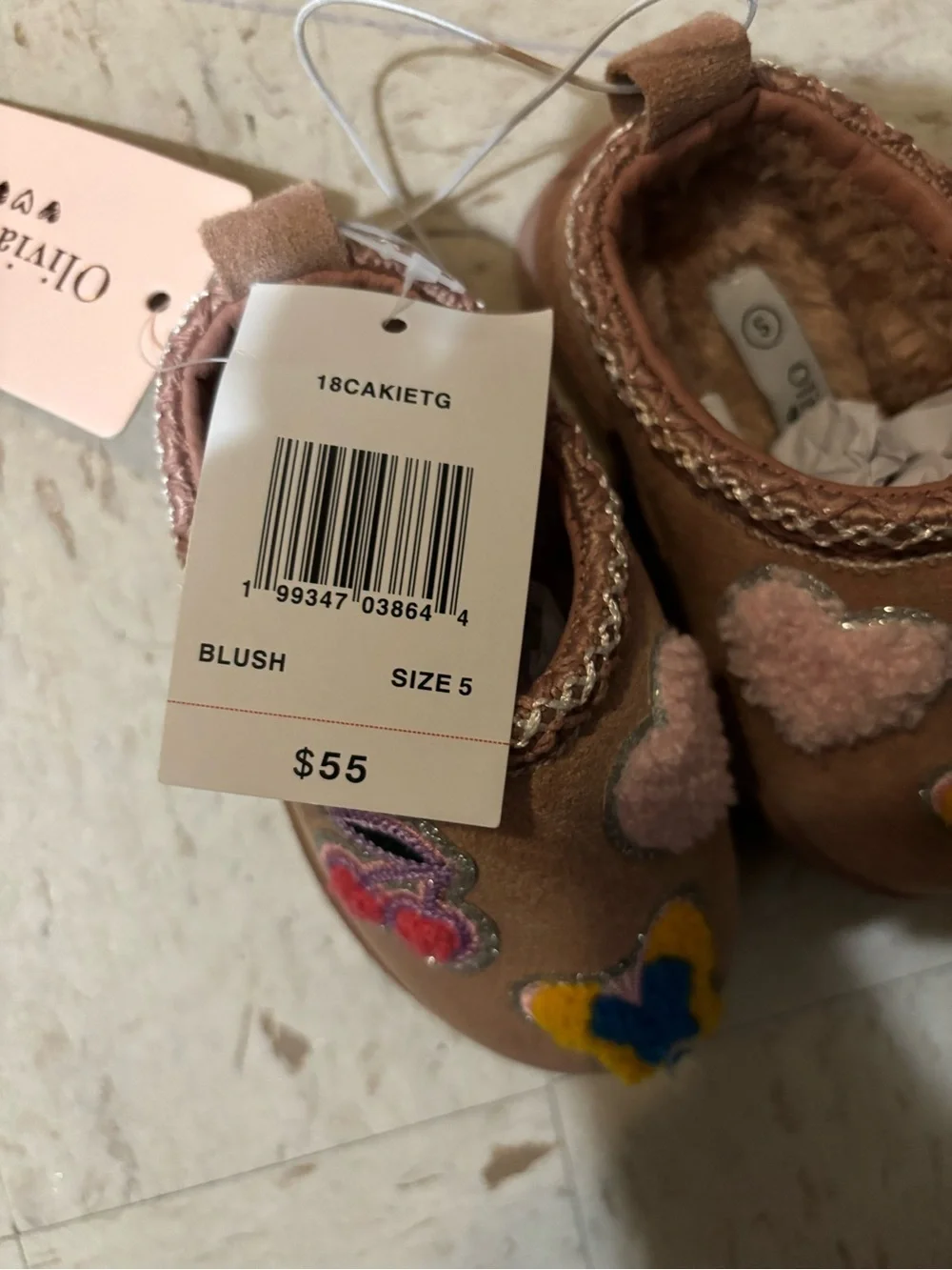 Kids Plush Pink Butterfly & Heart Slip-On Boots