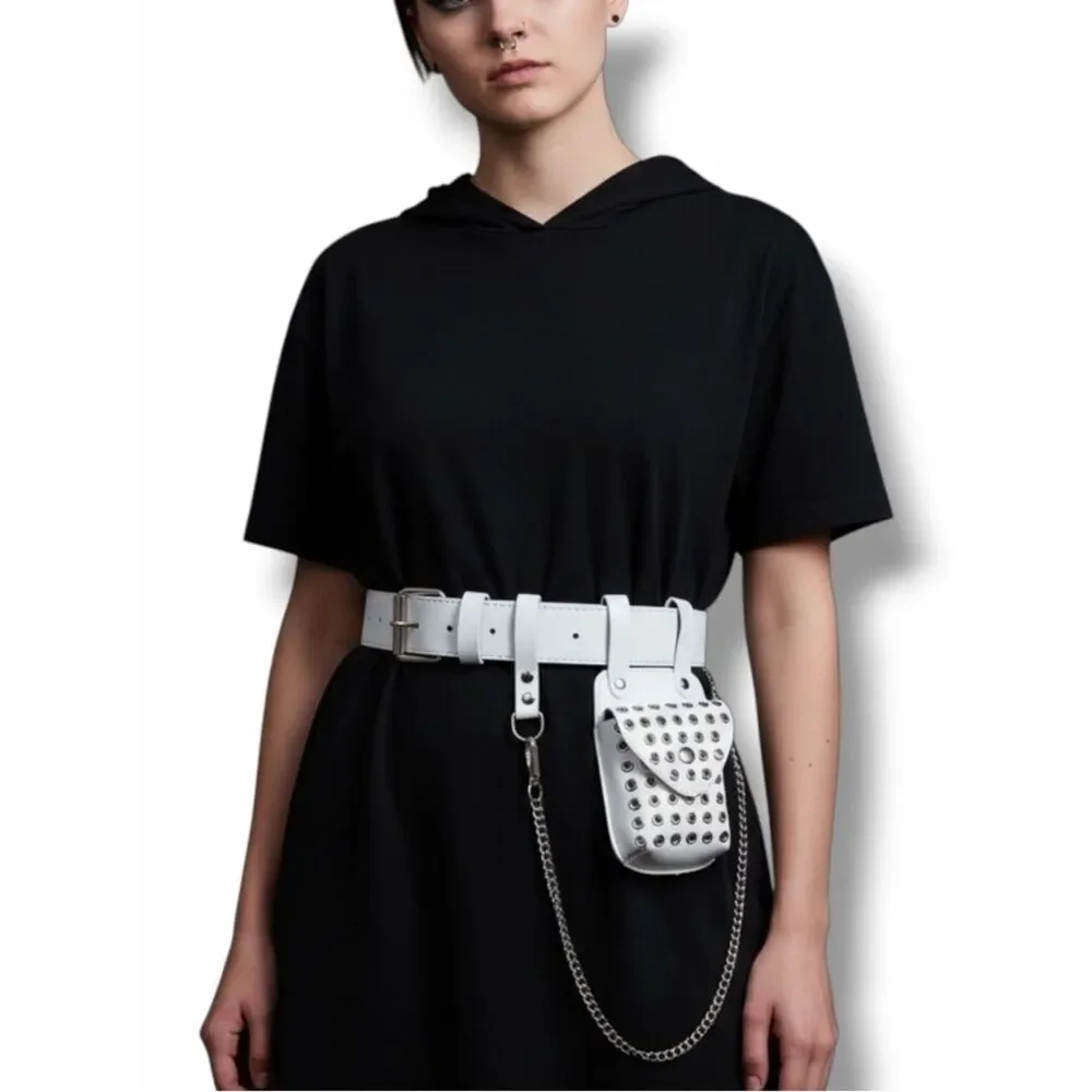 White Studded Mini Bag & Chain Belt - Gothic Y2K Streetwear Utility Pouch NWT