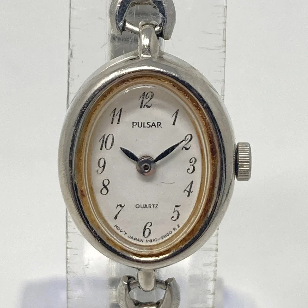 Vtg Pulsar Watch Women Silver Tone 16mm Oval Dial V810-5160 Stretch New Battery