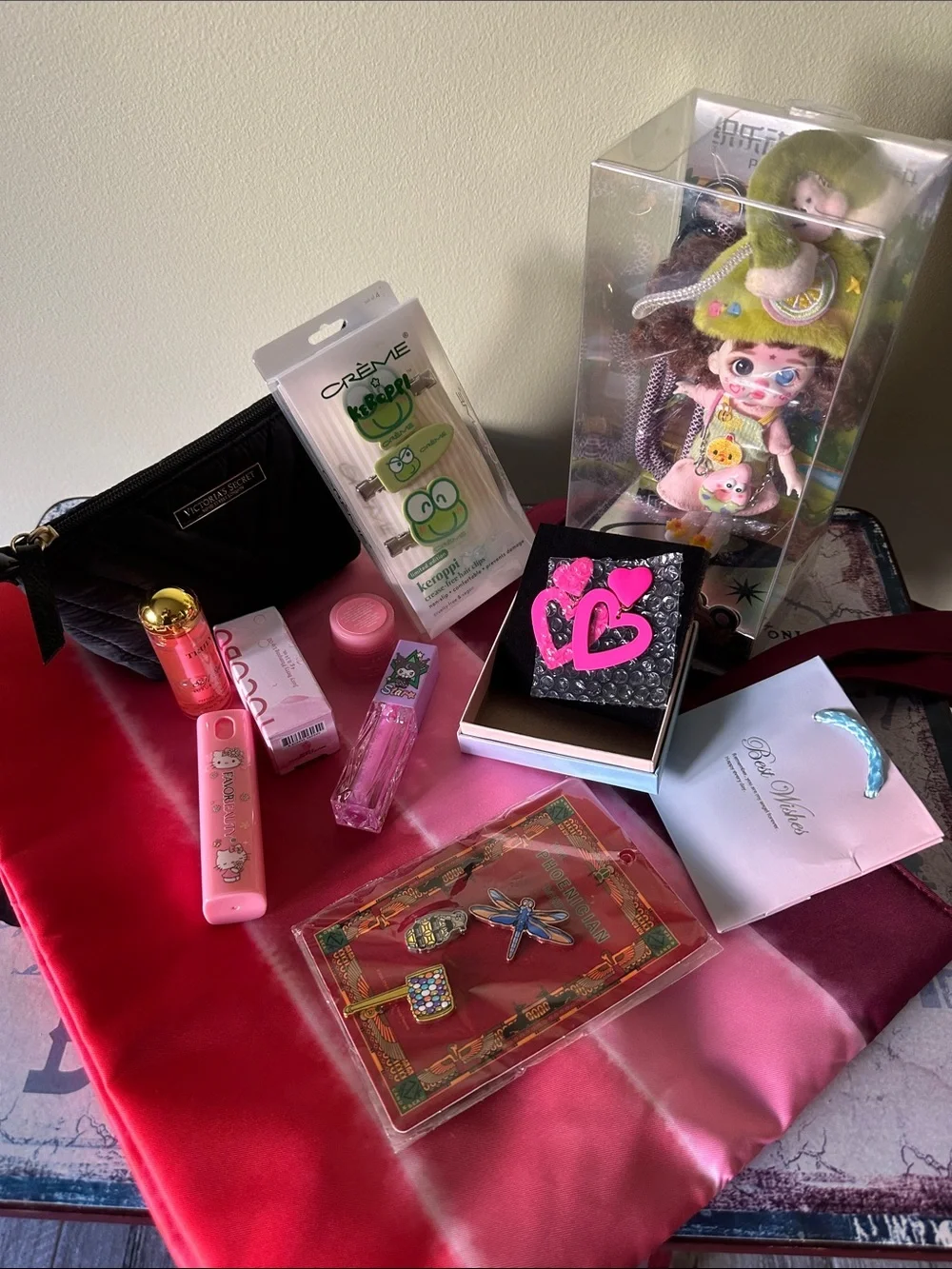 TRULY Pink and Black Quilted Wristlet Pouch with Assorted Pink Accessories