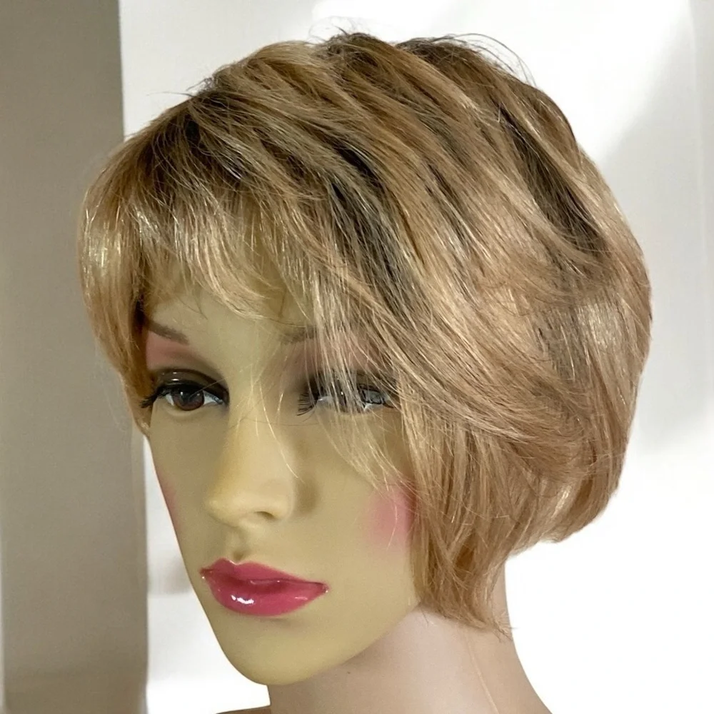 Honey Blonde Tapered Pixie Bob Dark Roots Synthetic Wig Feminine One Size Chic