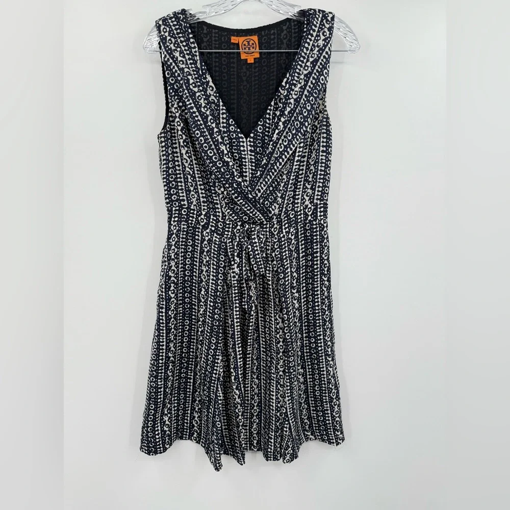 Tory Burch Women's 100% Silk Faux Wrap V-Neck Dress Navy/Cream Size‎ 4