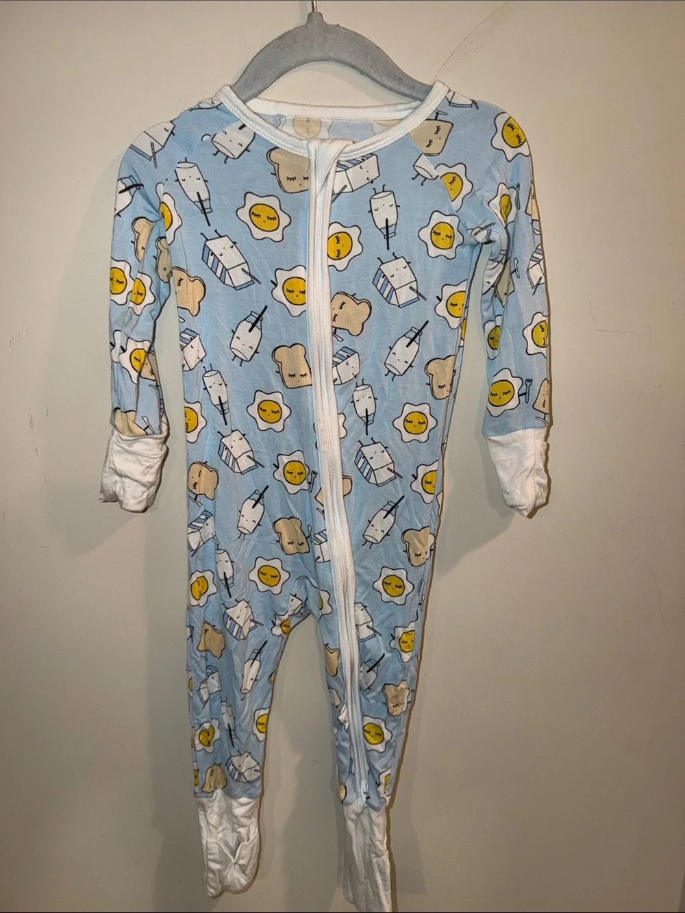 Little Sleepies Light Blue Footie Pajamas with Toast, Egg & Milk Print