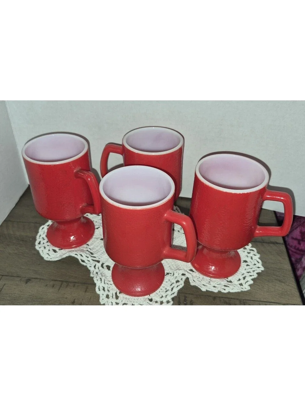 4 Vintage Red Hazel Atlas Orange Peel Mugs Pedestal Coffee Cup 5 1/2