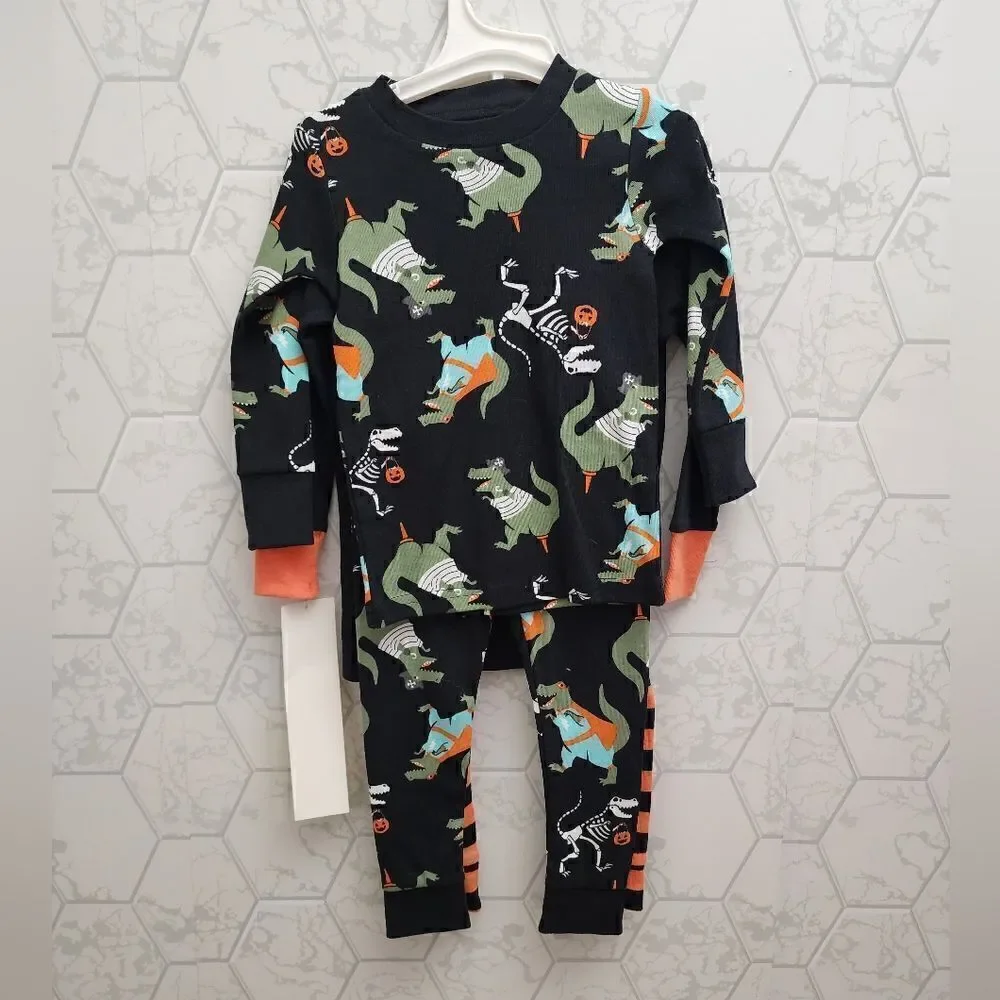 Nwt Boy's Halloween Dinosaur T Rex Skeleton Cotton Pajamas Sets.