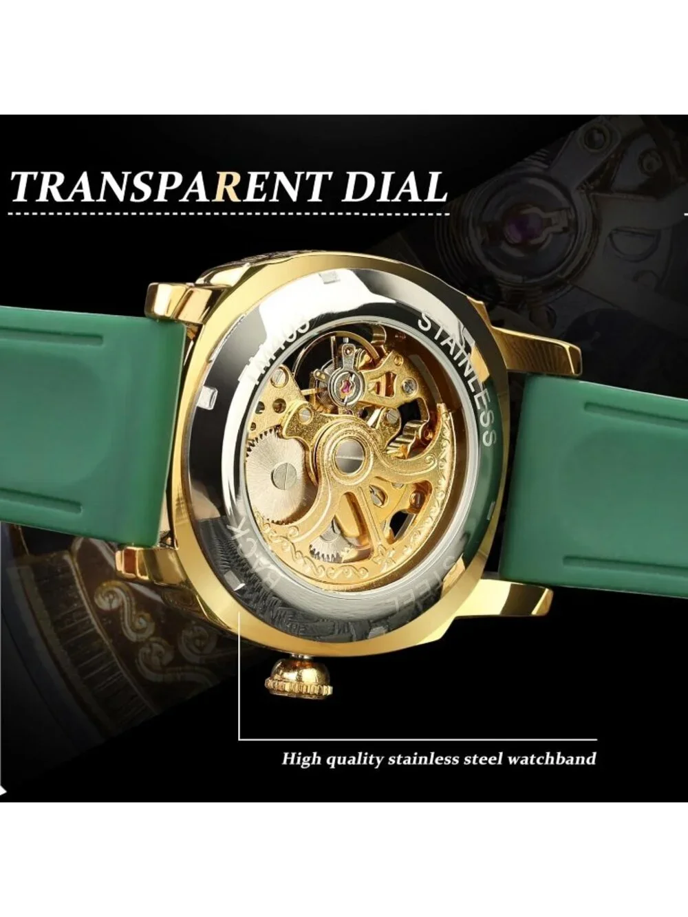 Men's Green Gold Square Mechanical Rubber Strap Self-Wind Carved Automatic Watch