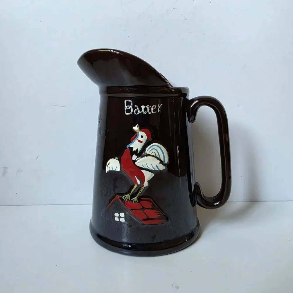 Vintage Pitcher Hand Painted Rooster On Roof Batter Breakfast Brown Farm Decor
